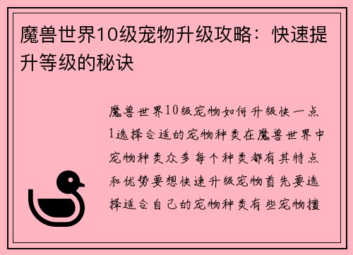 魔兽世界10级宠物升级攻略：快速提升等级的秘诀